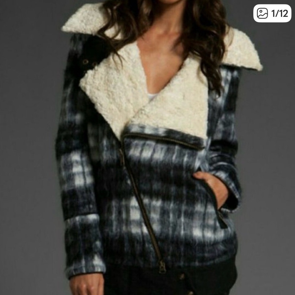Free People Plaid Sherpa Moto Jacket Checkered Tartan Fuzzy Teddy Biker Coat XS